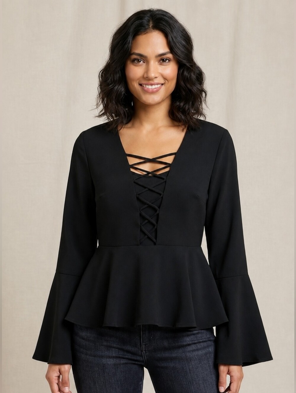 NWOT DO+BE Black Lace-Up Criss Cross V-Neck Bell Sleeve Peplum Top L Large